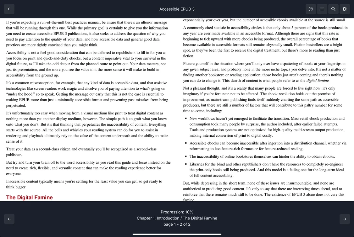 The prose demo reading Accessible EPUB 3 in a two-page spread, with the chapter, the pages and the progress below